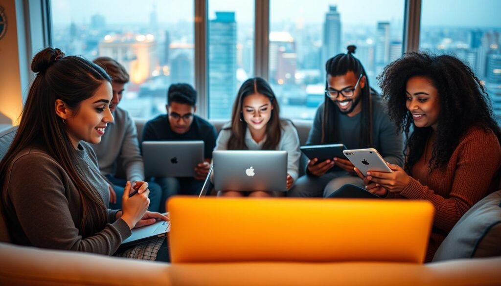 A group of diverse students engaged in online learning, surrounded by a warm and inviting atmosphere. In the foreground, a young woman sits comfortably on a couch, her laptop open as she attentively studies course materials. In the middle ground, a group of friends collaborate on a project, their faces illuminated by the glow of their screens. In the background, a vibrant cityscape can be seen through a large window, suggesting the global reach and accessibility of these distance learning courses. The lighting is soft and natural, creating a sense of comfort and focus. The overall mood is one of productivity, connection, and the empowerment of individuals pursuing their educational goals. A group of diverse students engaged in online learning, surrounded by a warm and inviting atmosphere. In the foreground, a young woman sits comfortably on a couch, her laptop open as she attentively studies course materials. In the middle ground, a group of friends collaborate on a project, their faces illuminated by the glow of their screens. In the background, a vibrant cityscape can be seen through a large window, suggesting the global reach and accessibility of these distance learning courses. The lighting is soft and natural, creating a sense of comfort and focus. The overall mood is one of productivity, connection, and the empowerment of individuals pursuing their educational goals.