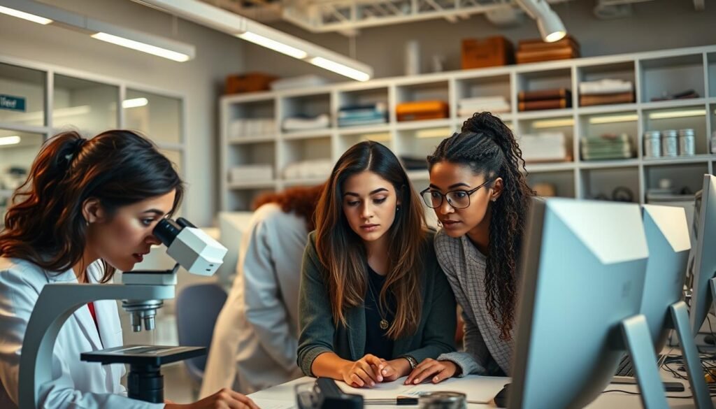 A group of diverse women working intently in a modern science and technology laboratory. In the foreground, a woman in a white lab coat carefully examines samples under a microscope, her face illuminated by the soft glow of the equipment. In the middle ground, two women in casual attire collaborate at a computer, deep in discussion over the data on the screens. In the background, shelves of scientific equipment and books line the walls, casting a warm, intellectual atmosphere. Indirect lighting from overhead fixtures and task lamps creates a sense of focus and productivity. The women's expressions are engaged and determined, reflecting their passion for their fields. A group of diverse women working intently in a modern science and technology laboratory. In the foreground, a woman in a white lab coat carefully examines samples under a microscope, her face illuminated by the soft glow of the equipment. In the middle ground, two women in casual attire collaborate at a computer, deep in discussion over the data on the screens. In the background, shelves of scientific equipment and books line the walls, casting a warm, intellectual atmosphere. Indirect lighting from overhead fixtures and task lamps creates a sense of focus and productivity. The women's expressions are engaged and determined, reflecting their passion for their fields.