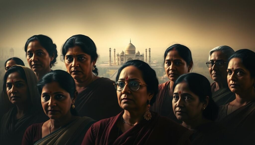 A group of prominent female historical figures from India, captured in a dramatic, cinematic style. In the foreground, a diverse array of renowned women leaders, activists, and pioneers - their faces determined, their gaze resolute. Subtle backlighting illuminates their features, casting an aura of importance. In the middle ground, a panoramic landscape of iconic Indian landmarks and architecture, representing the far-reaching influence of these trailblazers. The background is hazy, evoking a sense of the weight of history and the timeless legacy these women have left. The lighting is dramatic, with deep shadows and highlights that accentuate the subjects' strength of character. The overall mood is one of reverence and admiration for the incredible impact these women have had on India and the world. A group of prominent female historical figures from India, captured in a dramatic, cinematic style. In the foreground, a diverse array of renowned women leaders, activists, and pioneers - their faces determined, their gaze resolute. Subtle backlighting illuminates their features, casting an aura of importance. In the middle ground, a panoramic landscape of iconic Indian landmarks and architecture, representing the far-reaching influence of these trailblazers. The background is hazy, evoking a sense of the weight of history and the timeless legacy these women have left. The lighting is dramatic, with deep shadows and highlights that accentuate the subjects' strength of character. The overall mood is one of reverence and admiration for the incredible impact these women have had on India and the world.