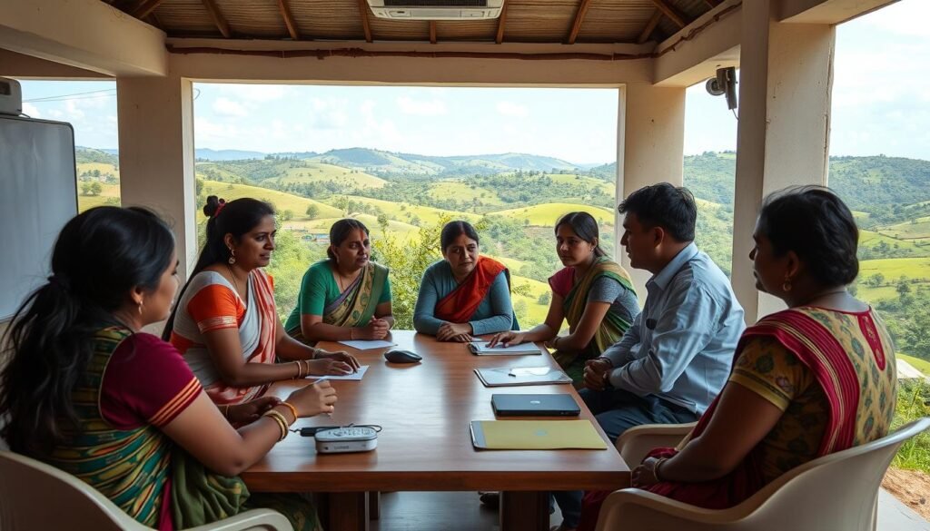 A group of teachers engaged in an interactive training session in a rural Indian village. The foreground features a diverse group of educators gathered around a table, intently discussing teaching methodologies and exchanging ideas. Mid-ground shows a well-equipped classroom with modern technology like projectors and whiteboards, indicating a focus on digital literacy. The background depicts a lush, verdant landscape with rolling hills and a clear blue sky, conveying a sense of tranquility and natural surroundings. The lighting is soft and diffused, creating a warm, inviting atmosphere conducive to learning and professional development. A group of teachers engaged in an interactive training session in a rural Indian village. The foreground features a diverse group of educators gathered around a table, intently discussing teaching methodologies and exchanging ideas. Mid-ground shows a well-equipped classroom with modern technology like projectors and whiteboards, indicating a focus on digital literacy. The background depicts a lush, verdant landscape with rolling hills and a clear blue sky, conveying a sense of tranquility and natural surroundings. The lighting is soft and diffused, creating a warm, inviting atmosphere conducive to learning and professional development.