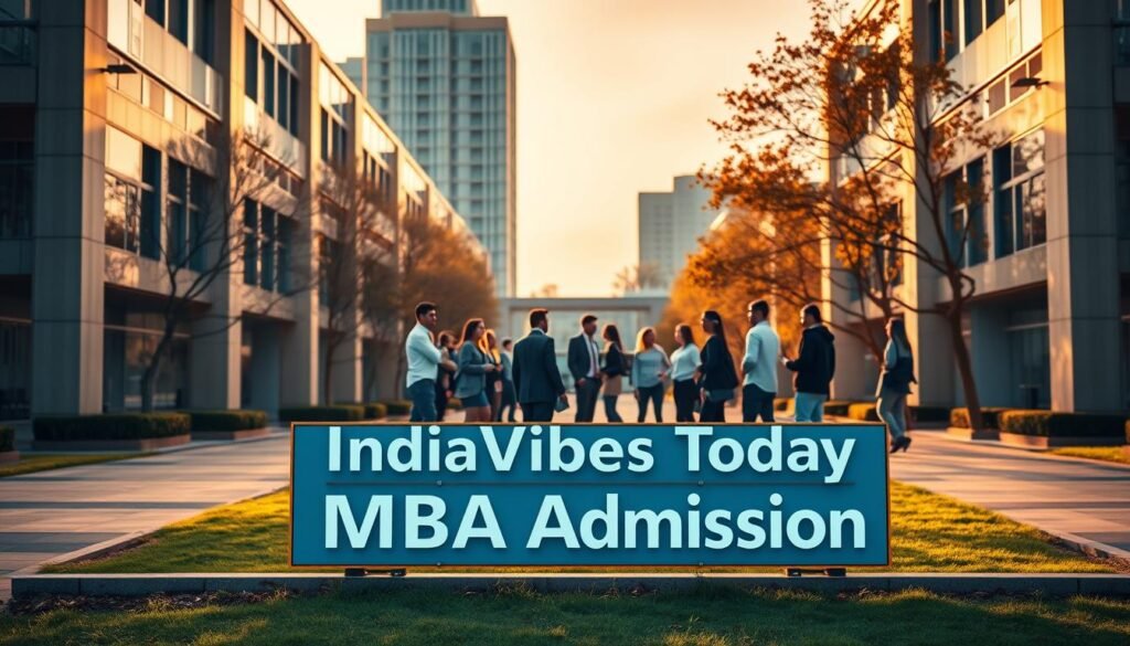 A high-quality, photorealistic image of a modern university campus entrance, with a sign that reads "IndiaVibes Today MBA Admission" in the foreground. The campus is bathed in warm, golden light, creating a welcoming atmosphere. In the middle ground, a group of diverse students in professional attire are engaged in discussion, representing the diverse and dynamic MBA program. In the background, a towering glass and steel building with contemporary architecture symbolizes the prestigious institution. The scene conveys a sense of opportunity, growth, and academic excellence, capturing the essence of a successful MBA admission strategy.