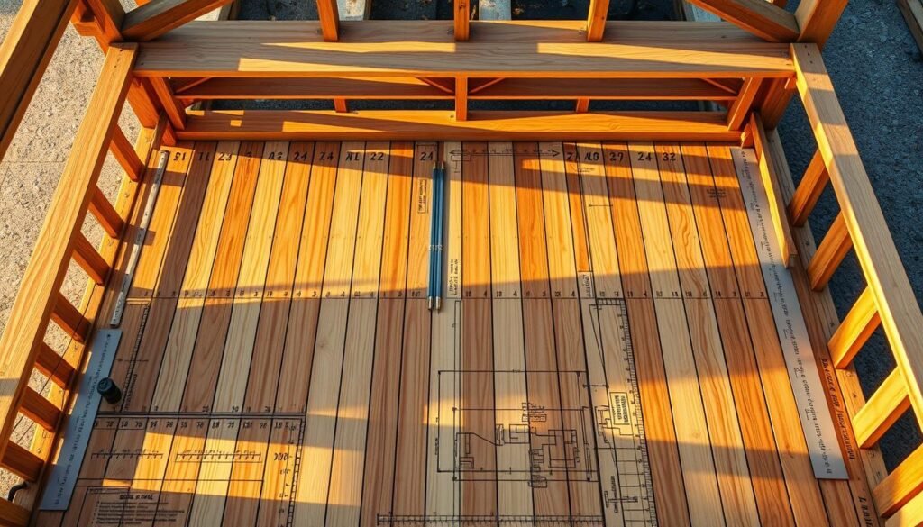 A high-resolution architectural blueprint of a construction deck plan, featuring intricate details of wooden joists, beams, and support structures. The deck is illuminated by warm, natural lighting, casting soft shadows and highlighting the grain and texture of the materials. The perspective is from an elevated angle, allowing for a comprehensive view of the entire deck layout, including precisely measured measurements and annotations. The overall mood is one of technical precision, showcasing the expertise and care that goes into the design and construction of a sturdy, reliable deck.