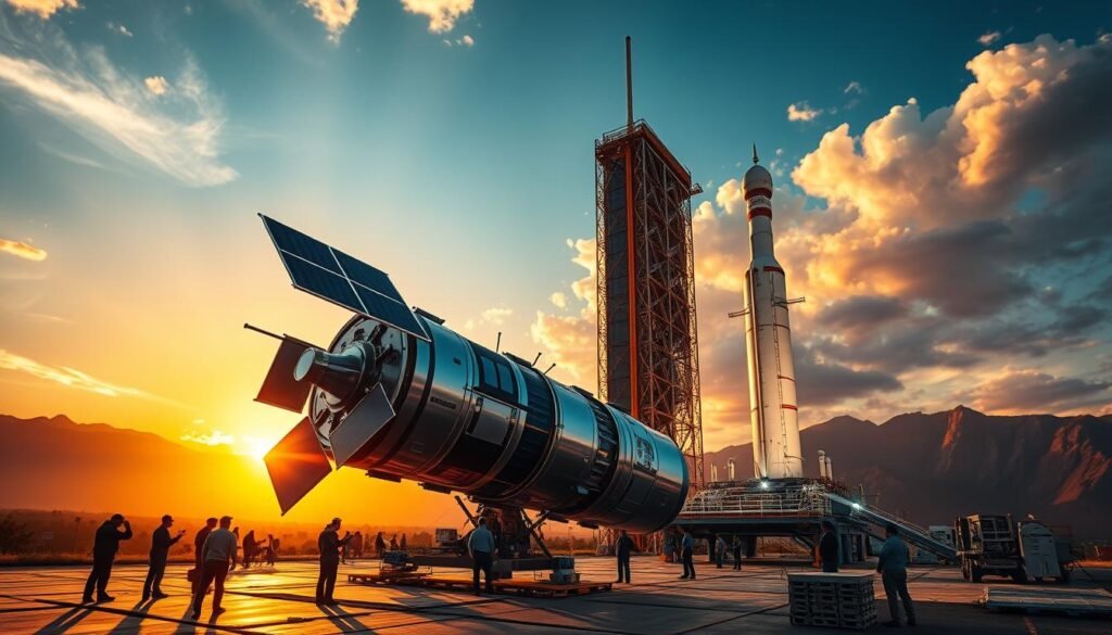 A high-tech, futuristic scene of the Indian satellite development program. In the foreground, a team of engineers meticulously assemble a sleek, state-of-the-art satellite, its gleaming solar panels and precision instruments hinting at the advanced technology powering it. In the middle ground, a massive launch vehicle stands ready, its engines primed for liftoff, casting a dramatic shadow across the bustling launchpad. The background is dominated by a stunning, cinematic landscape - towering mountains, sweeping skies, and a vivid sunset that bathes the entire scene in warm, golden light, evoking a sense of national pride and scientific achievement.
