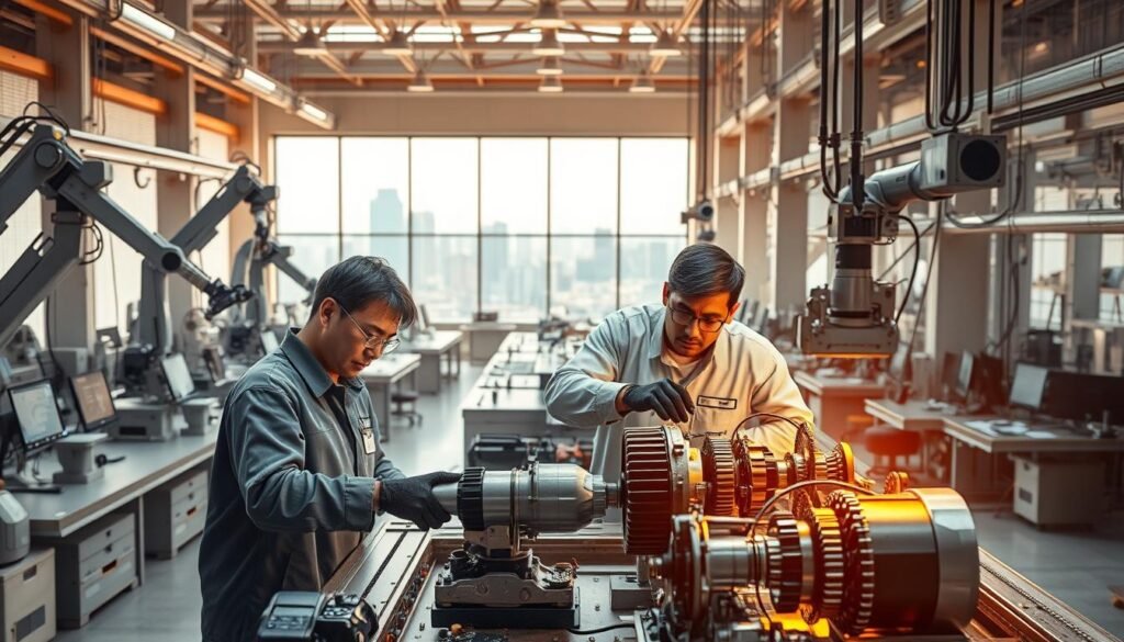 A high-tech industrial facility, bathed in warm, diffused lighting. In the foreground, a team of engineers meticulously inspecting intricate mechanical components on a quality assurance station, their faces concentrated as they analyze every detail. Maneuverable robotic arms and precision measurement tools surround them, creating an impression of advanced, streamlined quality control processes. In the middle ground, rows of workbenches and computer terminals, where data is analyzed and reports are generated. The background features a sleek, minimalist architecture with large windows overlooking a cityscape, conveying a sense of technological sophistication and corporate efficiency. The overall scene exudes an atmosphere of diligence, innovation, and a relentless pursuit of engineering excellence.