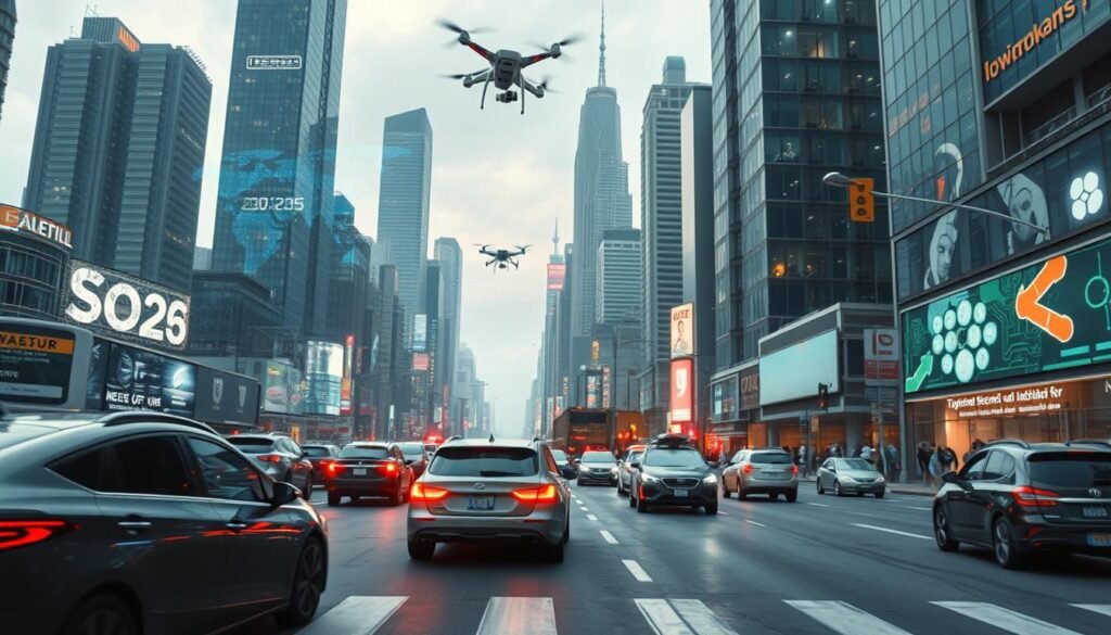 A high-tech metropolis bustles with the future of edge AI. In the foreground, sleek autonomous vehicles navigate the streets, their sensors gathering real-time data. Surrounding them, towering skyscrapers adorned with arrays of cutting-edge hardware and software, processing information at the edge to deliver instant insights. The middle ground is a hive of activity, with drones and robots seamlessly integrating with the urban landscape, optimizing operations and enhancing productivity. In the background, a vibrant display of holographic projections and digital signage showcases the seamless integration of edge computing, artificial intelligence, and the Internet of Things, transforming the way businesses operate and thrive in the year 2025.
