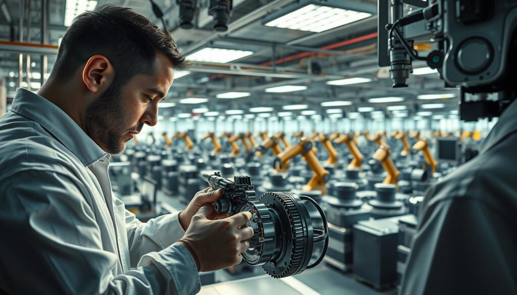A high-tech quality control laboratory filled with gleaming instruments and cutting-edge monitoring systems. In the foreground, a team of technicians carefully inspecting a complex mechanical component, their faces etched with concentration. Soft, directional lighting casts dramatic shadows, emphasizing the precision and attention to detail. In the middle ground, rows of robotic arms calibrate and test various products, their movements fluid and efficient. The background showcases a panoramic view of the facility, bustling with activity as engineers continuously optimize processes and implement new quality assurance measures. An atmosphere of dedication, innovation, and a relentless pursuit of perfection permeates the scene.