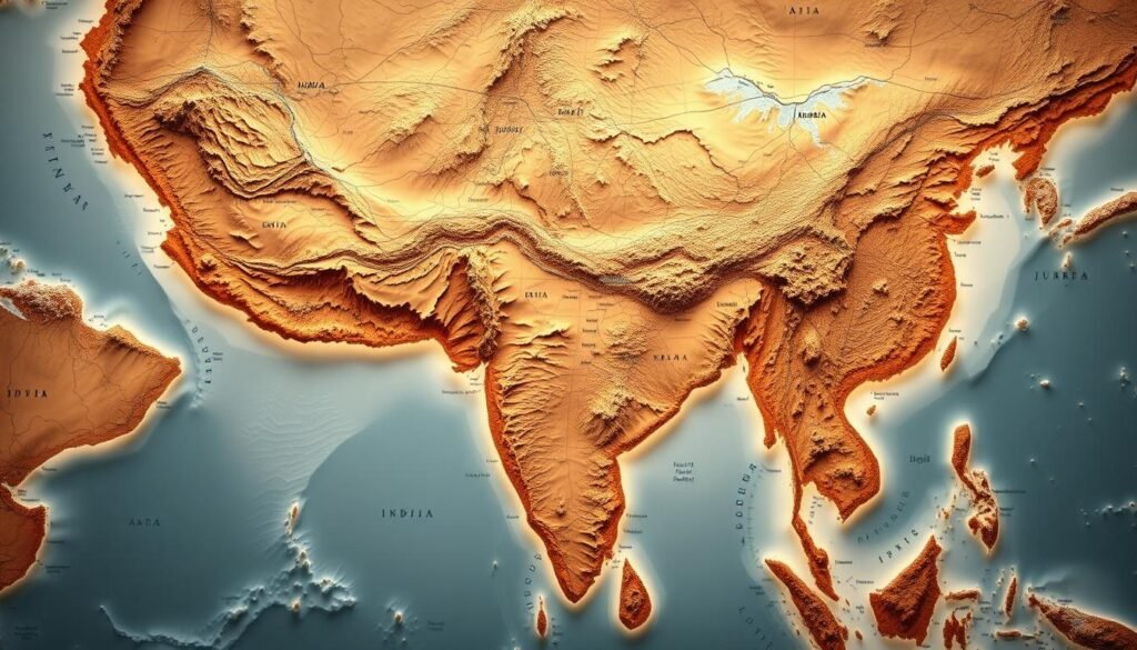 A highly detailed, realistic map of the Indian subcontinent, presented in a vivid and visually striking manner. The map should fill the frame, showcasing the diverse geography of the nation, from the snow-capped Himalayas in the north to the tropical shores of the southern peninsula. Render the landmasses, coastlines, major rivers, and political boundaries with precise cartographic accuracy, using a muted, earthy color palette that evokes the natural beauty of the landscape. Employ a dramatic, cinematic lighting setup, with warm, golden tones illuminating the central regions and cooler, shadowy hues along the edges, creating a sense of depth and dimension. Capture the map from a slightly elevated, bird's-eye perspective, allowing the viewer to appreciate the grand scale and intricate details of the nation's geography.