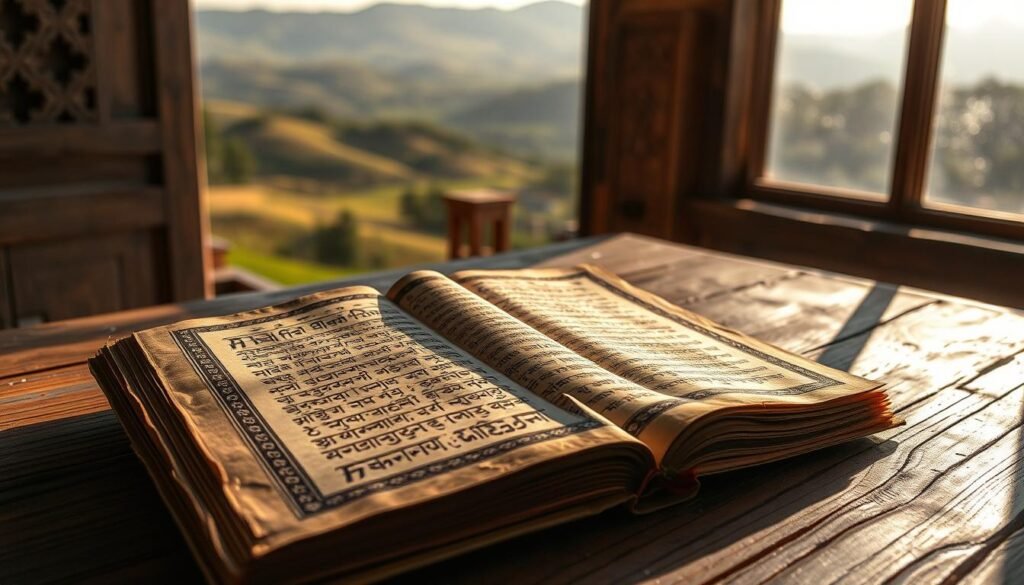 A intricate ancient manuscript, the Atharvaveda, lies open on a weathered wooden table. Sunlight streams in through a nearby window, casting a warm, contemplative glow upon the aged parchment. The ornate calligraphy and intricate illustrations hint at the profound wisdom and everyday rituals contained within this revered Vedic text. In the background, a serene landscape of rolling hills and distant mountains evokes the tranquil, spiritual essence of ancient India. The overall composition conveys a sense of reverence, timelessness, and the enduring influence of this foundational work on Indian thought and culture. A intricate ancient manuscript, the Atharvaveda, lies open on a weathered wooden table. Sunlight streams in through a nearby window, casting a warm, contemplative glow upon the aged parchment. The ornate calligraphy and intricate illustrations hint at the profound wisdom and everyday rituals contained within this revered Vedic text. In the background, a serene landscape of rolling hills and distant mountains evokes the tranquil, spiritual essence of ancient India. The overall composition conveys a sense of reverence, timelessness, and the enduring influence of this foundational work on Indian thought and culture.