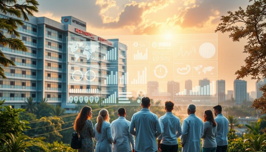 A large hospital building with modern architecture, surrounded by lush greenery and a bustling city skyline in the background. In the foreground, a diverse group of healthcare professionals, data analysts, and researchers are gathered around a holographic display, examining intricate data visualizations and charts depicting the latest healthcare trends and insights from across India. The scene is bathed in warm, soothing lighting, conveying a sense of collaboration, innovation, and the transformative power of data-driven healthcare. The image captures the essence of how data analytics is revolutionizing the Indian healthcare landscape, empowering clinicians, policymakers, and communities to make informed decisions and deliver more personalized, efficient, and equitable care.