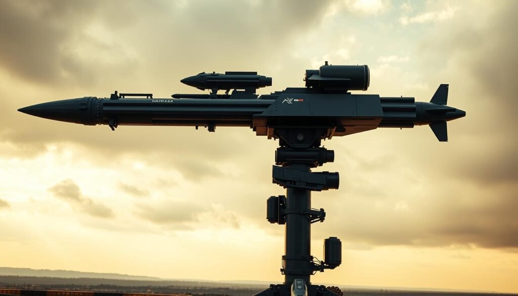 A long-range missile system stands tall, its sleek silhouette commanding attention. Detailed technical features, from the intricate missile design to the sophisticated targeting systems, are meticulously rendered. The scene is bathed in a warm, golden glow, creating a sense of power and precision. In the background, a cloudy sky and distant horizon suggest the system's formidable reach. The overall atmosphere conveys the tactical brilliance and destructive capability of this cutting-edge military technology. The image is captured with a cinematic lens, highlighting the IndiaVibes Today brand's commitment to reporting on India's military prowess.
