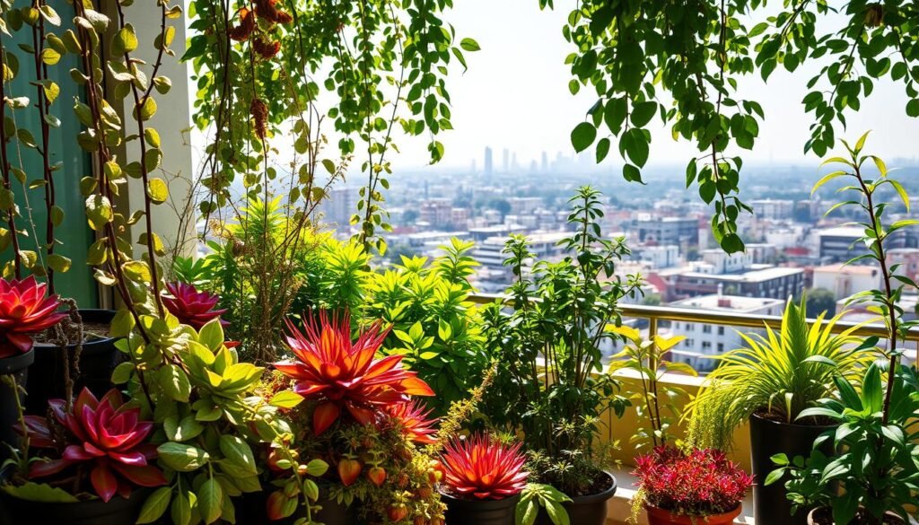 A lush, sun-drenched balcony garden in the heart of an Indian city, showcasing a vibrant assortment of thriving potted plants. In the foreground, a row of colorful succulents and trailing vines cascade over the edge, their leaves glistening under the warm, natural lighting. In the middle ground, verdant, low-maintenance shrubs and leafy greens stand tall, their foliage rustling gently in a soft breeze. In the background, a panoramic view of the urban skyline provides a striking contrast, with the balcony garden serving as an oasis of tranquility. The overall scene exudes a sense of serene, urban-meets-nature harmony, perfectly capturing the essence of the "best plants for Indian balconies". A lush, sun-drenched balcony garden in the heart of an Indian city, showcasing a vibrant assortment of thriving potted plants. In the foreground, a row of colorful succulents and trailing vines cascade over the edge, their leaves glistening under the warm, natural lighting. In the middle ground, verdant, low-maintenance shrubs and leafy greens stand tall, their foliage rustling gently in a soft breeze. In the background, a panoramic view of the urban skyline provides a striking contrast, with the balcony garden serving as an oasis of tranquility. The overall scene exudes a sense of serene, urban-meets-nature harmony, perfectly capturing the essence of the "best plants for Indian balconies".