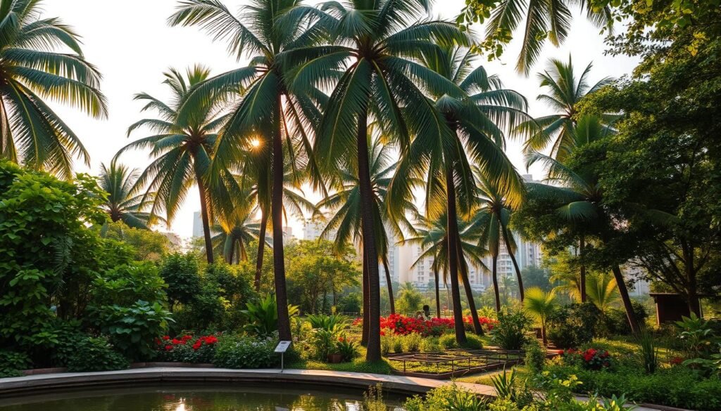 A lush urban oasis of verdant greenery, thriving in the heart of bustling Indian cities. Towering palm trees sway gently in the warm breeze, casting dappled shadows across well-tended community gardens filled with vibrant flowers and flourishing vegetable plots. In the foreground, a serene water feature reflects the surrounding foliage, while in the distance, the silhouettes of high-rise buildings hint at the modern cityscape beyond. Warm, golden sunlight filters through the leaves, imbuing the scene with a tranquil, rejuvenating atmosphere. A harmonious blend of nature and urban living, showcasing the importance of preserving and nurturing green spaces within the confines of India's rapidly developing metropolises. A lush urban oasis of verdant greenery, thriving in the heart of bustling Indian cities. Towering palm trees sway gently in the warm breeze, casting dappled shadows across well-tended community gardens filled with vibrant flowers and flourishing vegetable plots. In the foreground, a serene water feature reflects the surrounding foliage, while in the distance, the silhouettes of high-rise buildings hint at the modern cityscape beyond. Warm, golden sunlight filters through the leaves, imbuing the scene with a tranquil, rejuvenating atmosphere. A harmonious blend of nature and urban living, showcasing the importance of preserving and nurturing green spaces within the confines of India's rapidly developing metropolises.