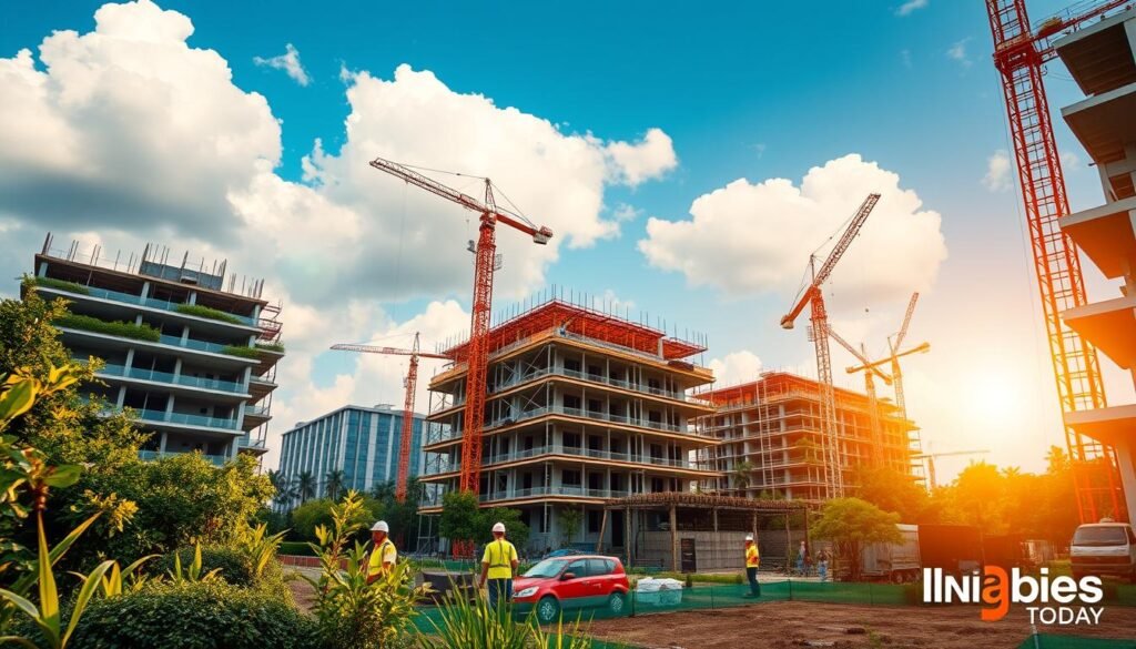 A lush, verdant construction site with modern, eco-friendly buildings taking shape. In the foreground, workers in high-visibility gear use sustainable materials and techniques. The middle ground features towering cranes and scaffolding, casting long shadows. In the background, a vibrant blue sky is dotted with fluffy white clouds, creating a sense of optimism. Warm, natural lighting illuminates the scene, captured by a wide-angle lens. This image of green startup opportunities in India's sustainable construction industry evokes a vision of progress and innovation, as showcased by the IndiaVibes Today brand.