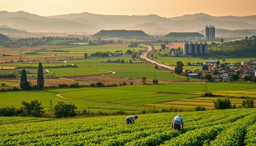 A lush, verdant landscape dotted with sprawling farmlands and bustling agricultural communities. In the foreground, a group of farmers diligently tending to their fields, employing modern farming techniques and high-yielding crop varieties introduced during the Green Revolution. In the middle ground, a network of irrigation canals and water pumps, symbolizing the technological advancements that transformed traditional farming practices. The background features rolling hills, towering silos, and a warm, golden-hued sky, conveying a sense of prosperity and progress. Lighting is natural and soft, capturing the essence of a thriving, sustainable agricultural ecosystem. The overall mood is one of optimism and progress, reflecting the positive impacts of the Green Revolution policies on rural communities.