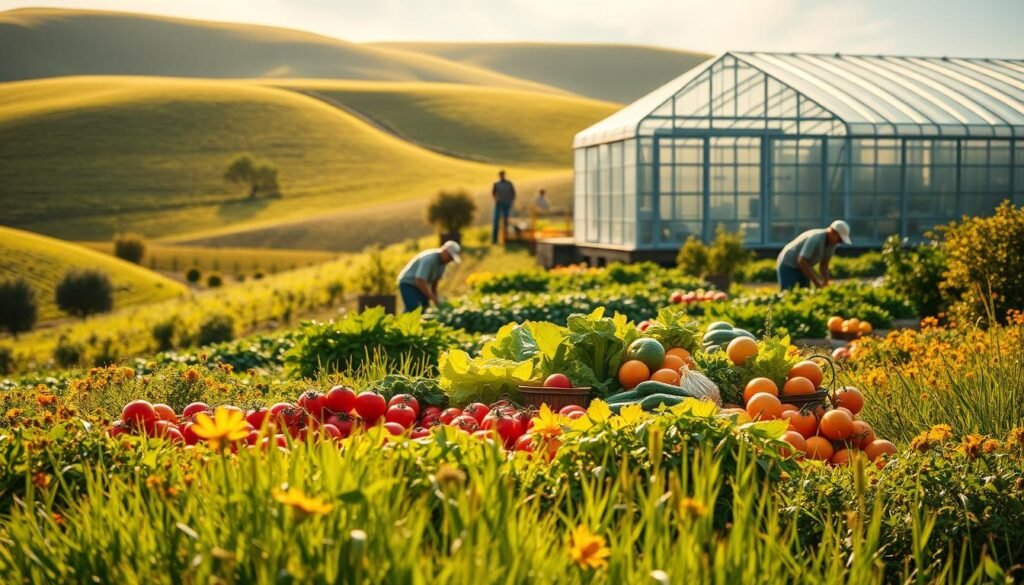 A lush, verdant landscape with rolling hills and a vibrant, sun-dappled meadow in the foreground. In the center, a bountiful harvest of fresh produce - ripe tomatoes, crisp lettuce, juicy oranges, and other nutrient-rich foods. Farmers tend to the crops, their faces radiating pride and purpose. In the background, a modern, state-of-the-art greenhouse stands tall, its glass panels gleaming in the warm light, symbolizing the technological advancements that support food security. The scene is bathed in a soft, golden glow, evoking a sense of abundance, prosperity, and the vital connection between healthy food, thriving communities, and environmental stewardship.