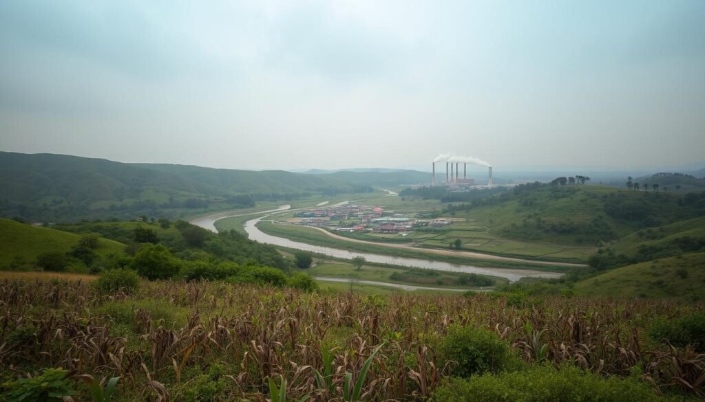 A lush, verdant landscape with rolling hills and a winding river. In the foreground, a field of withered crops and dying vegetation, a stark contrast to the thriving greenery surrounding it. The sky is cast in an ominous, hazy hue, suggesting the impact of pollution and environmental degradation. In the middle ground, a small village with dilapidated buildings and struggling residents, a symbol of the social and economic consequences of the Green Revolution. In the background, looming factory smokestacks and a hazy horizon, a foreboding representation of the unsustainable industrial practices that have contributed to the environmental crisis. The scene is lit by a dim, diffused light, creating a sense of melancholy and despair, urging the viewer to consider the profound and far-reaching environmental implications of the Green Revolution.