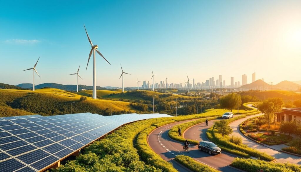 A lush, verdant landscape with rolling hills and towering wind turbines spinning gracefully against a clear blue sky. In the foreground, rows of gleaming solar panels catch the warm sunlight, powering a modern city skyline in the distance. Sleek electric vehicles glide along winding roads, while people cycle and stroll amidst thriving greenery and vibrant urban gardens. Warm, golden lighting illuminates the scene, conveying a sense of progress, sustainability, and a hopeful vision for the future.