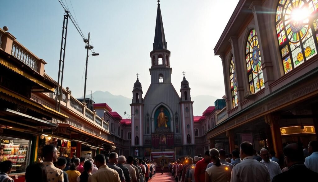 A magnificent church spire reaching towards the heavens, surrounded by vibrant Indian architecture and bustling market stalls. In the foreground, devotees kneel in prayer, their faces illuminated by the warm glow of candles. Rays of sunlight filter through stained-glass windows, casting a kaleidoscope of colors across the ornate altar. In the distance, the hazy outline of distant mountains frames this scene of spiritual devotion, where the traditions of Christianity and the culture of India seamlessly intertwine. A magnificent church spire reaching towards the heavens, surrounded by vibrant Indian architecture and bustling market stalls. In the foreground, devotees kneel in prayer, their faces illuminated by the warm glow of candles. Rays of sunlight filter through stained-glass windows, casting a kaleidoscope of colors across the ornate altar. In the distance, the hazy outline of distant mountains frames this scene of spiritual devotion, where the traditions of Christianity and the culture of India seamlessly intertwine.