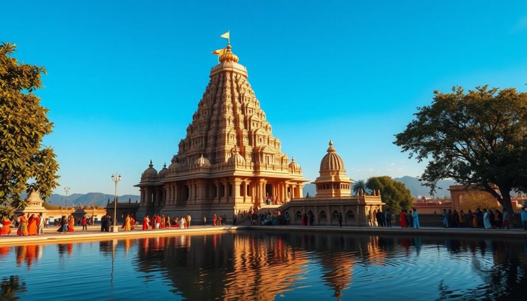A majestic Hindu temple rising against a clear azure sky, its intricate carved facades and towering spires bathed in warm, golden light. In the foreground, a serene pond reflects the ornate architecture, its surface rippling gently. Devotees gather in contemplation, their colorful robes and gestures of reverence evoking the timeless devotion of this ancient faith. The middle ground features lush, verdant foliage framing the sacred site, while the distant background showcases a landscape of rolling hills and distant mountains, creating a sense of timeless, spiritual tranquility. Cinematic, wide-angle lens, balanced lighting, and a sense of awe-inspiring grandeur. A majestic Hindu temple rising against a clear azure sky, its intricate carved facades and towering spires bathed in warm, golden light. In the foreground, a serene pond reflects the ornate architecture, its surface rippling gently. Devotees gather in contemplation, their colorful robes and gestures of reverence evoking the timeless devotion of this ancient faith. The middle ground features lush, verdant foliage framing the sacred site, while the distant background showcases a landscape of rolling hills and distant mountains, creating a sense of timeless, spiritual tranquility. Cinematic, wide-angle lens, balanced lighting, and a sense of awe-inspiring grandeur.