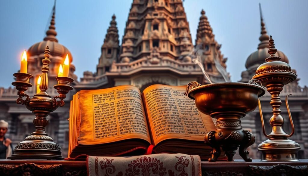 A majestic ancient Sanskrit text, the Yajurveda, rests upon a carved wooden lectern. Warm, golden light from ornate candelabras illuminates the tome's weathered leather binding and intricate calligraphy. Nearby, an elaborate copper incense burner emits fragrant wisps of smoke, filling the air with a mystical atmosphere. In the background, a grandiose temple facade rises, its towering spires and ornate carvings suggesting the profound spiritual significance of this sacred scripture. A sense of timeless wisdom and ritual permeates the scene, capturing the essence of the Yajurveda as the Veda of Rituals that has shaped India's spiritual heritage. A majestic ancient Sanskrit text, the Yajurveda, rests upon a carved wooden lectern. Warm, golden light from ornate candelabras illuminates the tome's weathered leather binding and intricate calligraphy. Nearby, an elaborate copper incense burner emits fragrant wisps of smoke, filling the air with a mystical atmosphere. In the background, a grandiose temple facade rises, its towering spires and ornate carvings suggesting the profound spiritual significance of this sacred scripture. A sense of timeless wisdom and ritual permeates the scene, capturing the essence of the Yajurveda as the Veda of Rituals that has shaped India's spiritual heritage.