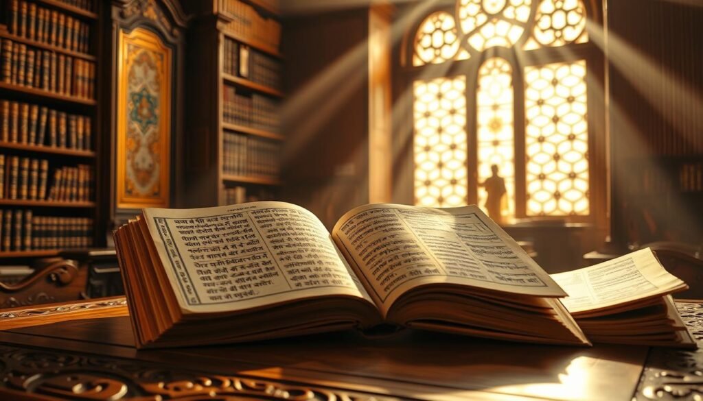 A majestic collection of ancient Sanskrit manuscripts, their pages adorned with intricate calligraphy, resting upon a carved wooden table. Rays of warm, golden light filter through stained-glass windows, casting a contemplative glow over the timeless texts. In the background, towering bookshelves hold volumes of revered Sanskrit literature, their spines bearing the wisdom of centuries. The scene evokes a sense of reverence and scholarly dedication, capturing the enduring legacy of Sanskrit as the foundation of India's knowledge and cultural heritage.