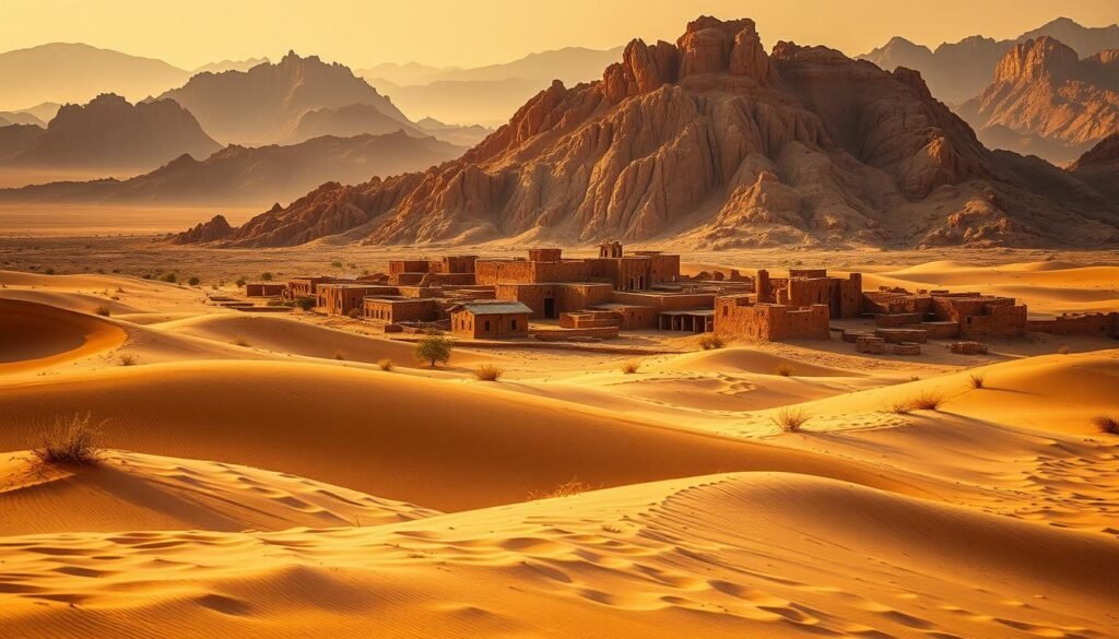 A majestic desert landscape in western India, bathed in warm, golden sunlight. In the foreground, rugged sand dunes stretch out, their shifting contours carved by the relentless wind. Scattered across the dunes, hardy desert plants and shrubs add pops of green and ochre. In the middle ground, a traditional mud-brick village nestles against the base of a towering, rocky hill, its flat-roofed structures and narrow alleys hinting at a timeless way of life. Beyond, the horizon is dominated by a range of jagged, ochre-hued mountains, their peaks piercing the hazy sky. An overall sense of vastness, timelessness, and the raw, weathered beauty of the Indian subcontinent's western regions.