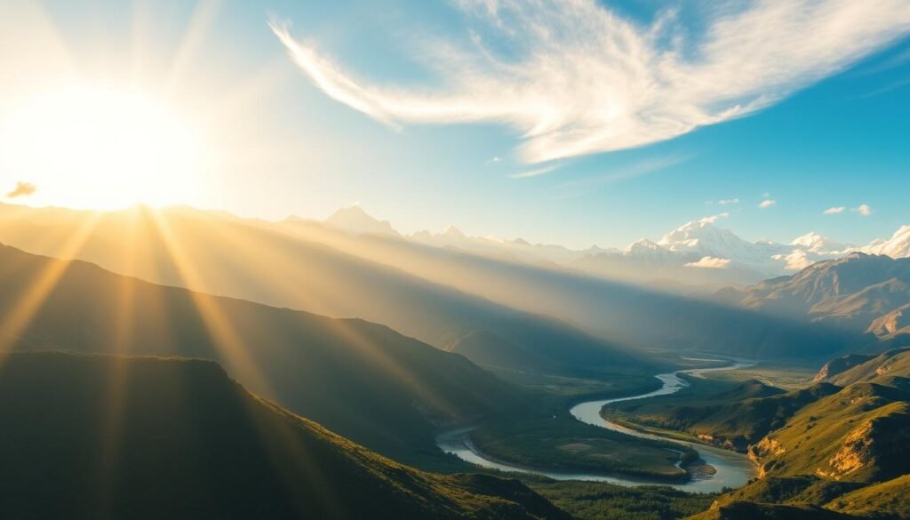 A majestic landscape of the snow-capped Himalayan peaks, towering over the lush, verdant valleys below. The sun's golden rays illuminate the rugged terrain, casting long shadows across the rugged terrain. In the foreground, a winding river cuts through the landscape, its crystal-clear waters reflecting the surrounding peaks. Wisps of clouds drift lazily across the sky, adding to the serene and awe-inspiring atmosphere. The scene is captured with a wide-angle lens, emphasizing the scale and grandeur of the Himalayan region. The overall tone is one of tranquility and wonder, perfectly capturing the essence of Northern India's Himalayan region.
