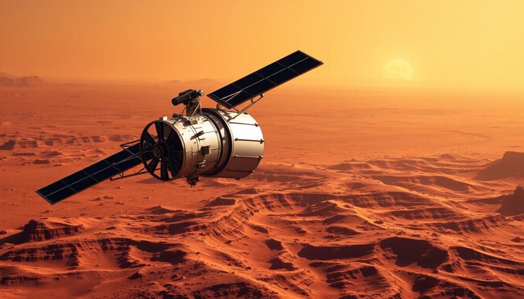 A majestic orbiter spacecraft, with its solar panels unfurled, gracefully navigates the vast expanse of the Martian sky. The sleek, silver body reflects the warm glow of the distant Sun, while the scientific instruments on board stand ready to capture the mysteries of the red planet. In the background, a tapestry of rust-colored dunes and canyons stretches out, a testament to the harsh beauty of the Martian landscape. The scene is bathed in a soft, diffused light, lending an air of serene contemplation to the historic achievement of the Mars Orbiter Mission, a testament to the boundless ambition and technical prowess of the Indian Space Research Organisation.