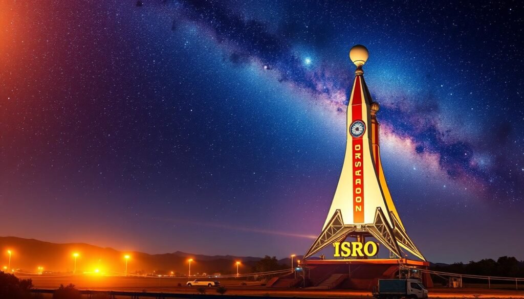 A majestic rendering of the Indian Space Research Organization's (ISRO) vision and mission, set against the backdrop of a vibrant, starry night sky. In the foreground, the iconic ISRO logo stands tall, its distinct shape and colors commanding attention. The middle ground features a detailed depiction of ISRO's key milestones, from early space exploration to cutting-edge satellite technology, all meticulously crafted. In the background, a shimmering galaxy unfolds, symbolizing the boundless possibilities and the aspirations that drive ISRO's pursuit of scientific excellence. The scene is illuminated by a warm, golden glow, evoking a sense of pride, innovation, and the relentless pursuit of knowledge that defines ISRO's legacy.