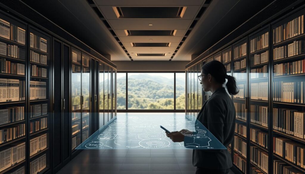 A meticulously curated digital archive, illuminated by soft, warm lighting that casts a contemplative glow. Rows of towering, sleek servers stand as digital sentinels, housing the preserved histories and cultural legacies of regional languages. In the foreground, a researcher immerses themselves in the virtual library, navigating through a holographic interface that seamlessly integrates text, audio, and visual elements. The middle ground is punctuated by intricate data visualizations, mapping the intricate connections and patterns within the archived materials. In the background, a panoramic window offers a serene view of a lush, verdant landscape, symbolizing the harmonious integration of technology and nature in the pursuit of language preservation. A meticulously curated digital archive, illuminated by soft, warm lighting that casts a contemplative glow. Rows of towering, sleek servers stand as digital sentinels, housing the preserved histories and cultural legacies of regional languages. In the foreground, a researcher immerses themselves in the virtual library, navigating through a holographic interface that seamlessly integrates text, audio, and visual elements. The middle ground is punctuated by intricate data visualizations, mapping the intricate connections and patterns within the archived materials. In the background, a panoramic window offers a serene view of a lush, verdant landscape, symbolizing the harmonious integration of technology and nature in the pursuit of language preservation.