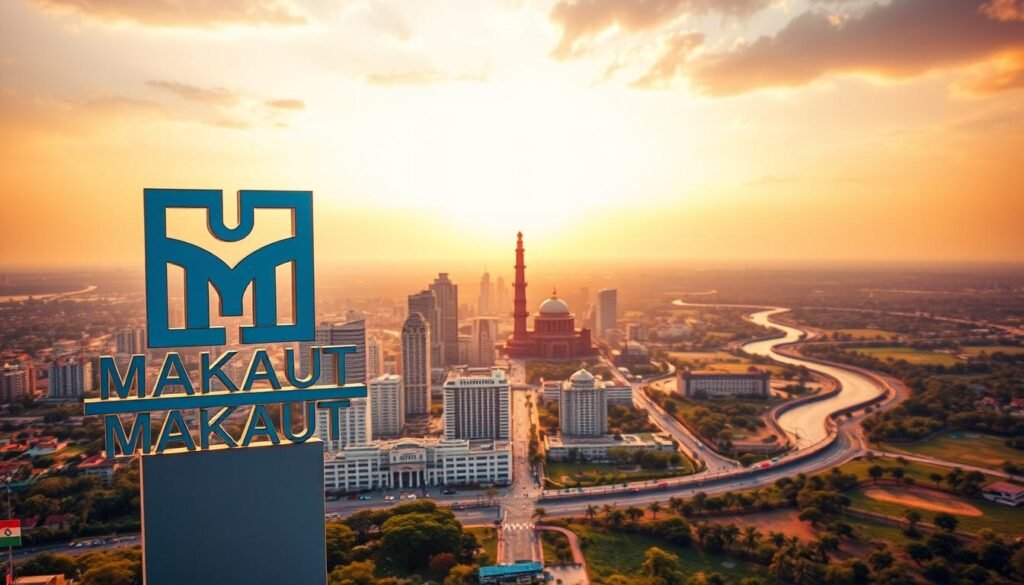 A meticulously designed logo for MAKAUT, the Maulana Abul Kalam Azad University of Technology, stands prominently in the foreground. The logo features a sleek, modern font and a symbolic representation of the university's initials, all rendered in a cool, metallic color scheme that evokes a sense of innovation and technology. In the middle ground, a vibrant cityscape unfolds, with a mix of modern high-rise buildings and historic architectural landmarks, symbolizing the university's commitment to blending tradition and progress. The sky is painted in warm hues, with a touch of golden sunlight filtering through, creating a harmonious and aspirational atmosphere. The background is dominated by a sweeping panoramic view of the region, showcasing lush greenery, rolling hills, and a winding river, all working together to convey MAKAUT's vision of nurturing a sustainable and forward-thinking educational ecosystem.