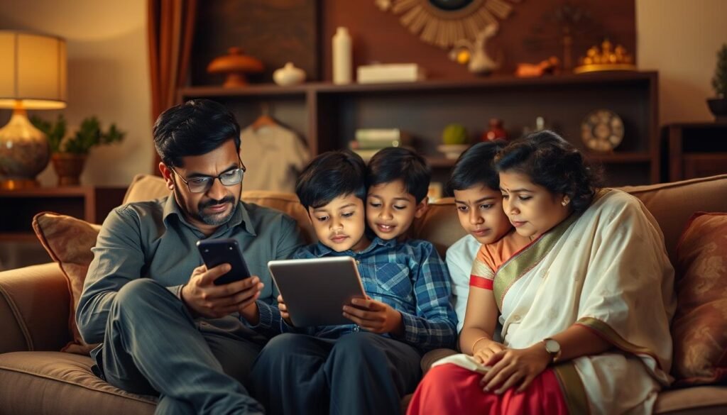 A modern Indian family navigates the challenges of parenting in the digital age. In the warm, cozy living room, a father and mother sit on a plush sofa, faces etched with concern as they grapple with a smartphone and a tablet. The children, a young boy and girl, are absorbed in their own screens, seemingly disconnected from their parents and the traditional Indian decor that surrounds them. The room is bathed in a soft, golden light, creating a contemplative atmosphere as the family faces the complexities of balancing ancient customs with the realities of a globalized world. A modern Indian family navigates the challenges of parenting in the digital age. In the warm, cozy living room, a father and mother sit on a plush sofa, faces etched with concern as they grapple with a smartphone and a tablet. The children, a young boy and girl, are absorbed in their own screens, seemingly disconnected from their parents and the traditional Indian decor that surrounds them. The room is bathed in a soft, golden light, creating a contemplative atmosphere as the family faces the complexities of balancing ancient customs with the realities of a globalized world.