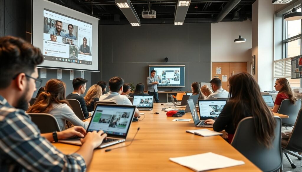 A modern classroom setting with students engaging in distance education. In the foreground, a group of diverse learners intently focused on their laptop screens, immersed in interactive digital lessons. The middle ground features a large projection screen displaying course materials, with a teacher guiding the virtual session. The background showcases a well-equipped learning space, with ergonomic furniture, ample natural lighting, and educational posters on the walls, creating a welcoming and technology-driven environment. The overall scene conveys a sense of intellectual curiosity, collaboration, and the seamless integration of technology in the distance education experience. A modern classroom setting with students engaging in distance education. In the foreground, a group of diverse learners intently focused on their laptop screens, immersed in interactive digital lessons. The middle ground features a large projection screen displaying course materials, with a teacher guiding the virtual session. The background showcases a well-equipped learning space, with ergonomic furniture, ample natural lighting, and educational posters on the walls, creating a welcoming and technology-driven environment. The overall scene conveys a sense of intellectual curiosity, collaboration, and the seamless integration of technology in the distance education experience.