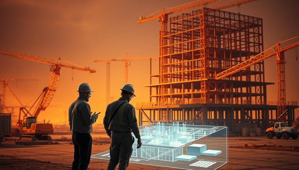 A modern construction site bathed in warm, diffused lighting. In the foreground, a team of engineers and architects huddle around a holographic blueprint, gesturing and discussing digital models. In the middle ground, construction machinery - cranes, excavators, and drones - seamlessly integrate with the site, streamlining workflows. The background reveals a partially constructed building, its skeletal frame a testament to the advanced digital tools guiding its assembly. Permeating the scene, a sense of efficiency, collaboration, and technological innovation - the hallmarks of a construction industry embracing digital transformation.