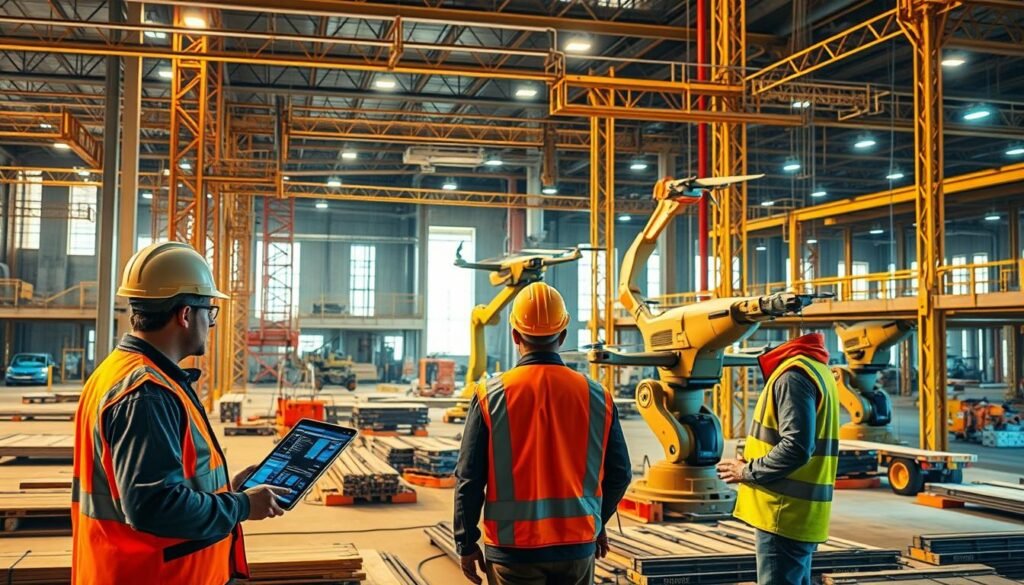 A modern construction site, bustling with activity and the latest IoT technologies. In the foreground, workers monitor real-time data from smart sensors embedded in the building materials and equipment, displayed on sleek touchscreen interfaces. The middle ground showcases automated drones performing inspections, while robotic arms precisely assemble prefabricated components. In the background, a network of connected devices - from wearable safety gear to intelligent building management systems - seamlessly integrate, optimizing workflows and enhancing job site efficiency. Warm, directional lighting casts a subtle glow, highlighting the harmonious integration of human and machine, as the site embodies the future of tech-driven construction.
