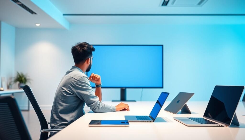A modern, digital workspace with a sleek, minimalist aesthetic. In the foreground, a student in casual attire sits intently before a large, high-resolution display, actively engaged in an online learning session. Mid-ground, various digital devices, such as tablets and laptops, are neatly arranged, suggesting a seamless integration of technology. The background features a clean, expansive environment, with soft, indirect lighting that creates a calming and focused atmosphere. The overall scene conveys a sense of efficiency, productivity, and the evolution of higher education in the digital era. IndiaVibes Today.