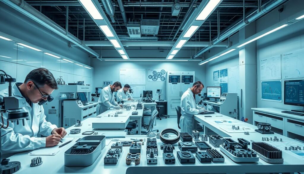 A modern engineering lab filled with state-of-the-art equipment and technicians meticulously inspecting components. In the foreground, a team of engineers examine parts under bright, focused lighting, using precision tools and measuring devices to ensure strict compliance with ISO standards. In the middle ground, a sleek, high-tech workbench showcases various sample parts and documentation. The background depicts a clean, well-organized space with technical diagrams, computer screens displaying statistical data, and an atmosphere of diligence and attention to detail. The lighting is cool and evenly distributed, creating a sense of professionalism and quality control.