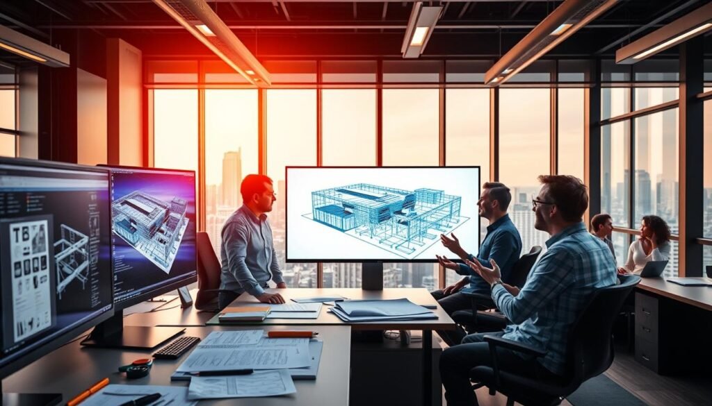 A modern engineering office with a team of CAD and BIM experts collaborating on a complex 3D model displayed on multiple high-resolution monitors. The foreground shows a desk with a CAD workstation, various CAD tools, and engineering documents. The middle ground features the team discussing the project, gesturing towards the screens. In the background, a large window provides natural lighting and a view of a bustling cityscape. The atmosphere conveys a sense of technological innovation, efficiency, and teamwork focused on optimizing the design process through automation and software integration. A modern engineering office with a team of CAD and BIM experts collaborating on a complex 3D model displayed on multiple high-resolution monitors. The foreground shows a desk with a CAD workstation, various CAD tools, and engineering documents. The middle ground features the team discussing the project, gesturing towards the screens. In the background, a large window provides natural lighting and a view of a bustling cityscape. The atmosphere conveys a sense of technological innovation, efficiency, and teamwork focused on optimizing the design process through automation and software integration.