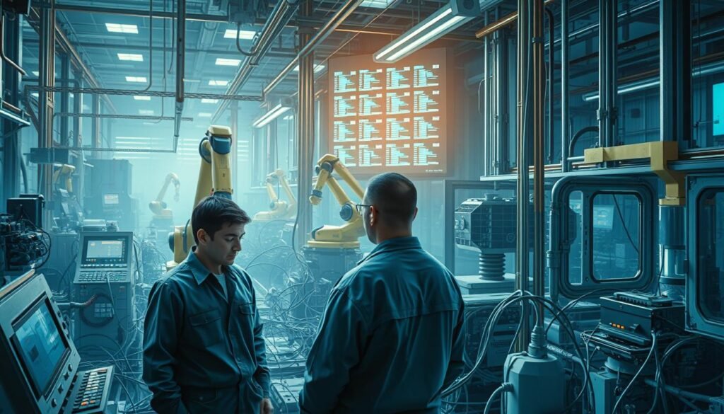 A modern factory floor, with intricate machinery and robotic arms working in tandem, surrounded by a hazy, blue-tinted industrial atmosphere. In the foreground, a team of technicians scrutinize a control panel, expressions filled with concentration as they troubleshoot a complex automation system. The middle ground showcases a tangle of cables, pipes, and sensors, hinting at the challenges of integrating various technologies. In the background, a towering wall of monitors displays real-time data and performance metrics, casting a glow over the scene. The overall mood is one of technological complexity, where human expertise and innovation are required to overcome the obstacles of automation. A modern factory floor, with intricate machinery and robotic arms working in tandem, surrounded by a hazy, blue-tinted industrial atmosphere. In the foreground, a team of technicians scrutinize a control panel, expressions filled with concentration as they troubleshoot a complex automation system. The middle ground showcases a tangle of cables, pipes, and sensors, hinting at the challenges of integrating various technologies. In the background, a towering wall of monitors displays real-time data and performance metrics, casting a glow over the scene. The overall mood is one of technological complexity, where human expertise and innovation are required to overcome the obstacles of automation.