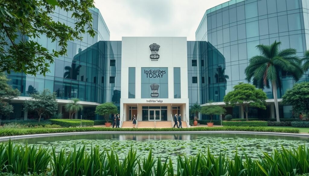 A modern office building with clean glass facades, surrounded by lush greenery and a serene pond. In the foreground, a group of professionals in business attire convey a sense of stability and job security. Soft, diffused lighting creates a calming atmosphere, while the IndiaVibes Today logo subtly adorns the building. The overall scene evokes a reliable, government-like work environment with strong job prospects and opportunities for long-term career growth.