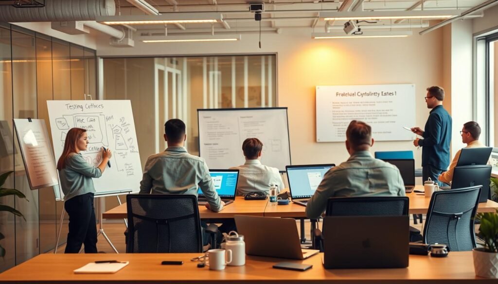 A modern office setting with a group of QA professionals engaged in skills development activities. In the foreground, a team is collaborating on a whiteboard, brainstorming testing strategies and discussing process improvements. The middle ground showcases individual workstations where developers are practicing automated testing techniques, using laptops and specialized software. In the background, a training session is in progress, with an instructor guiding the team through the latest quality assurance methodologies. Warm, focused lighting illuminates the scene, creating a productive and engaging atmosphere. The overall composition emphasizes the importance of continuous learning and skills development for ensuring quality control.