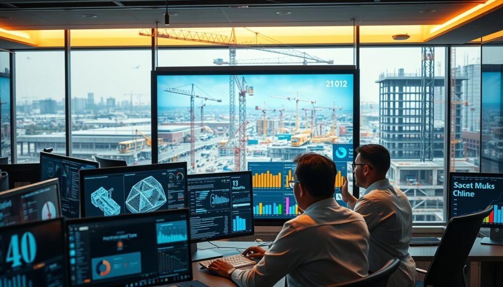 A modern office space filled with sleek, high-tech computer monitors and analytics dashboards. In the foreground, a team of data scientists and engineers pore over intricate 3D models and real-time construction site data, their faces illuminated by the soft glow of the screens. In the middle ground, a large touchscreen display showcases vibrant data visualizations, color-coded charts, and predictive analytics that provide insights into project timelines, resource allocation, and potential bottlenecks. The background features an expansive view of a bustling construction site, with cranes and heavy machinery at work, all under a warm, diffused lighting that creates a sense of productivity and innovation.