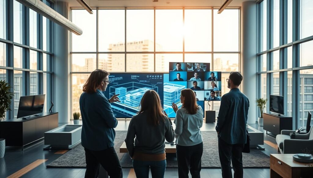 A modern open-plan office interior, bathed in soft, natural lighting from large windows. In the foreground, a group of professionals collaborating on a BIM model projected onto a large touchscreen display, their faces illuminated by the digital interface. In the middle ground, remote team members participate via videoconference, their images displayed on high-resolution monitors. The background features sleek, minimalist furniture and decor, creating a sense of streamlined efficiency. The overall atmosphere conveys a synergy of technology and teamwork, reflecting the rise of remote work in the BIM industry.