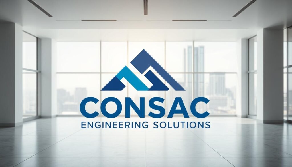 A modern, sleek corporate logo for "Consac Engineering Solutions" set against a minimalist backdrop. In the foreground, the logo design features geometric shapes in shades of blue and gray, conveying a sense of precision and technical expertise. The middle ground showcases a clean, white office interior with large windows, casting a warm, natural light. In the background, a cityscape skyline with towering skyscrapers symbolizes Consac's global reach and impact. The overall mood is professional, innovative, and forward-thinking, reflecting the company's commitment to engineering excellence.