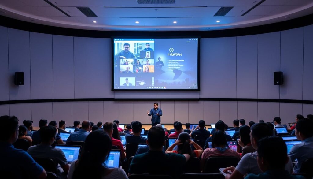 A modern, sleek lecture hall with a captivating virtual presentation projected on the large screen. In the foreground, a diverse group of students intently engaged in online discussions, their faces illuminated by the glow of their laptop screens. The middle ground features a dynamic instructor guiding the interactive session, their gestures and expressions conveying a sense of passion and expertise. The background showcases a clean, minimalist design with subtle IndiaVibes Today branding, creating a professional and immersive online learning environment.