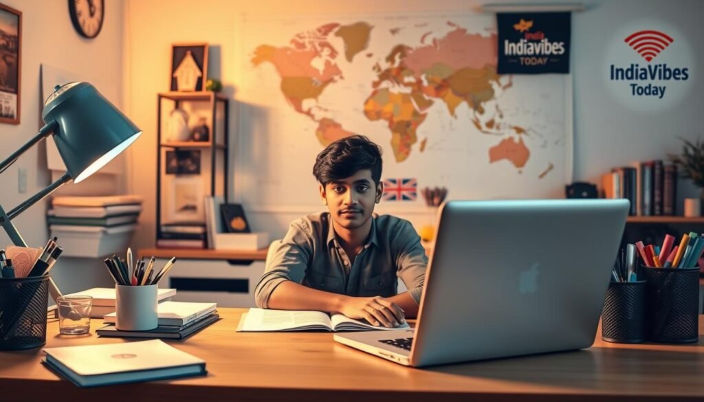 A modern study workspace with a warm, focused atmosphere. In the foreground, an open laptop, desk organizers, and study materials like textbooks and stationery. The middle ground features a young Indian student, sitting at the desk with a contemplative expression, planning their study abroad journey. The background showcases world maps, travel memorabilia, and the IndiaVibes Today logo, hinting at the global educational opportunities. Soft, directional lighting illuminates the scene, creating a cozy, introspective mood. This image captures the essence of "Preparing for Your Study Abroad Journey".