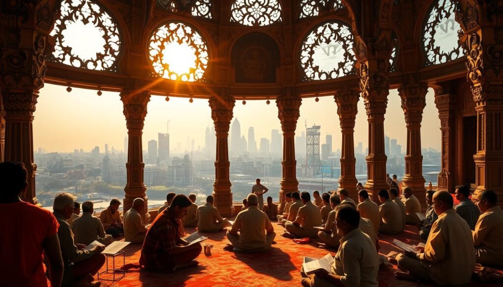 A modern temple in India, its intricate architecture blending ancient Vedic traditions with contemporary design. In the foreground, a group of devotees seated cross-legged, poring over ancient Vedic texts. Shafts of warm, golden light stream through ornate windows, casting a serene glow upon the scene. In the background, the silhouette of a bustling city skyline, a testament to the enduring relevance of the Vedas in the modern era. The image conveys a sense of timelessness, where the wisdom of the past coexists harmoniously with the dynamism of the present. A modern temple in India, its intricate architecture blending ancient Vedic traditions with contemporary design. In the foreground, a group of devotees seated cross-legged, poring over ancient Vedic texts. Shafts of warm, golden light stream through ornate windows, casting a serene glow upon the scene. In the background, the silhouette of a bustling city skyline, a testament to the enduring relevance of the Vedas in the modern era. The image conveys a sense of timelessness, where the wisdom of the past coexists harmoniously with the dynamism of the present.