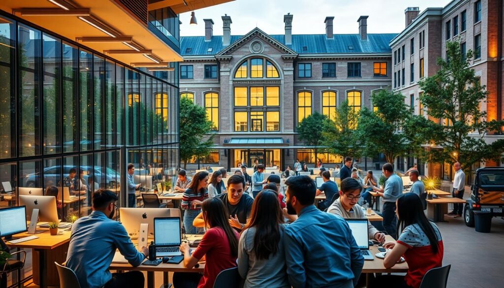 A modern, well-equipped entrepreneurship center set against the backdrop of a prestigious university campus. In the foreground, a group of enthusiastic students collaborating on their innovative business ideas, surrounded by cutting-edge technology and mentors guiding them. The middle ground showcases a sleek, glass-walled co-working space filled with the hum of productivity and the spark of creativity. In the background, the iconic MAKAUT architecture frames the scene, conveying a sense of academic rigor and institutional support for student entrepreneurship. Warm lighting and a vibrant, energetic atmosphere permeate the image, reflecting the dynamic and empowering nature of MAKAUT's entrepreneurship programs. A modern, well-equipped entrepreneurship center set against the backdrop of a prestigious university campus. In the foreground, a group of enthusiastic students collaborating on their innovative business ideas, surrounded by cutting-edge technology and mentors guiding them. The middle ground showcases a sleek, glass-walled co-working space filled with the hum of productivity and the spark of creativity. In the background, the iconic MAKAUT architecture frames the scene, conveying a sense of academic rigor and institutional support for student entrepreneurship. Warm lighting and a vibrant, energetic atmosphere permeate the image, reflecting the dynamic and empowering nature of MAKAUT's entrepreneurship programs.
