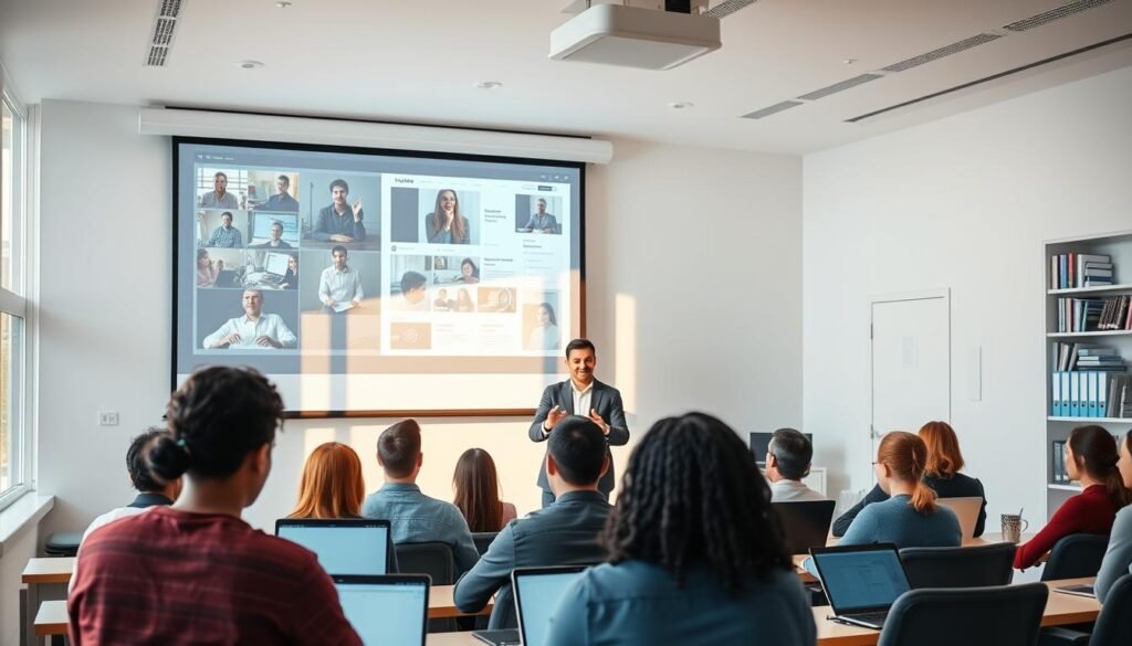 A modern, well-lit classroom setting with a large projection screen at the front, displaying various online course modules and learning materials. In the foreground, a group of diverse students, some using laptops and tablets, deeply engaged in their studies. The middle ground features an instructor, gesturing animatedly while explaining a concept. Warm, natural lighting filters in through large windows, creating a sense of openness and productivity. The background showcases a clean, minimalist design, with shelves of reference books and educational resources. The overall atmosphere conveys the efficiency, accessibility, and progressive nature of distance learning programs. A modern, well-lit classroom setting with a large projection screen at the front, displaying various online course modules and learning materials. In the foreground, a group of diverse students, some using laptops and tablets, deeply engaged in their studies. The middle ground features an instructor, gesturing animatedly while explaining a concept. Warm, natural lighting filters in through large windows, creating a sense of openness and productivity. The background showcases a clean, minimalist design, with shelves of reference books and educational resources. The overall atmosphere conveys the efficiency, accessibility, and progressive nature of distance learning programs.