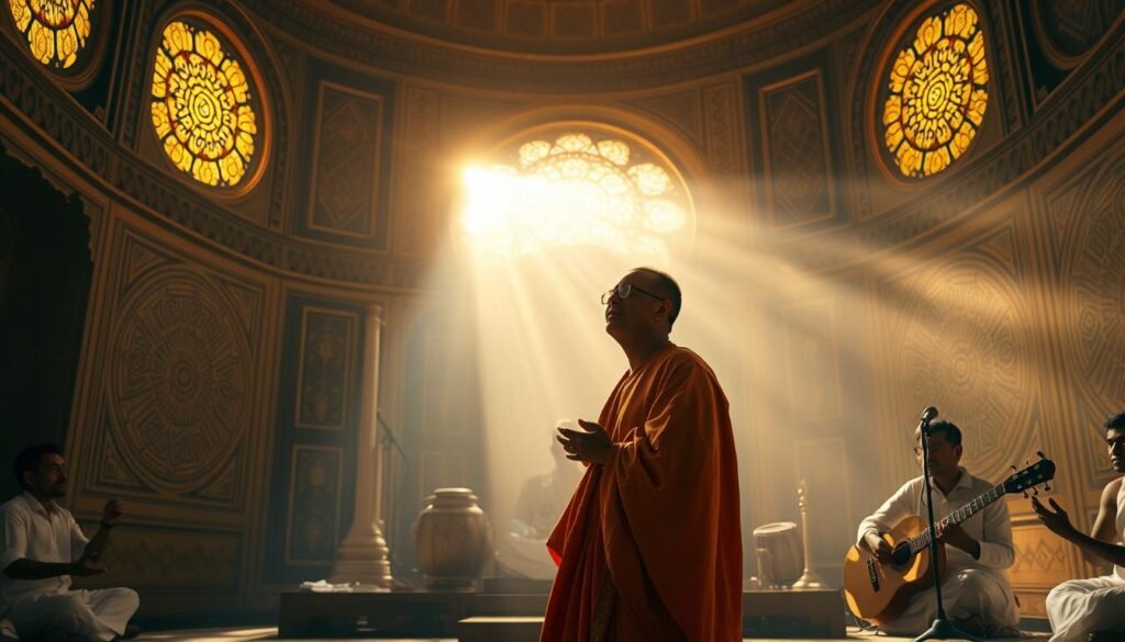 A mystical performance of the ancient Samaveda scriptures, as melodious chants resonate through a serene temple setting. Intricate patterns of sacred geometry adorn the walls, casting a warm, golden glow. A central figure, robed in traditional Indian attire, sings the Vedic hymns, their voice carrying the weight of centuries of spiritual tradition. Soft light filters through stained glass windows, creating a reverent atmosphere. In the background, musicians accompany the lead vocalist, playing traditional Indian instruments like the sitar and tabla. The scene evokes a timeless, meditative quality, transporting the viewer to the heart of India's Vedic heritage. A mystical performance of the ancient Samaveda scriptures, as melodious chants resonate through a serene temple setting. Intricate patterns of sacred geometry adorn the walls, casting a warm, golden glow. A central figure, robed in traditional Indian attire, sings the Vedic hymns, their voice carrying the weight of centuries of spiritual tradition. Soft light filters through stained glass windows, creating a reverent atmosphere. In the background, musicians accompany the lead vocalist, playing traditional Indian instruments like the sitar and tabla. The scene evokes a timeless, meditative quality, transporting the viewer to the heart of India's Vedic heritage.